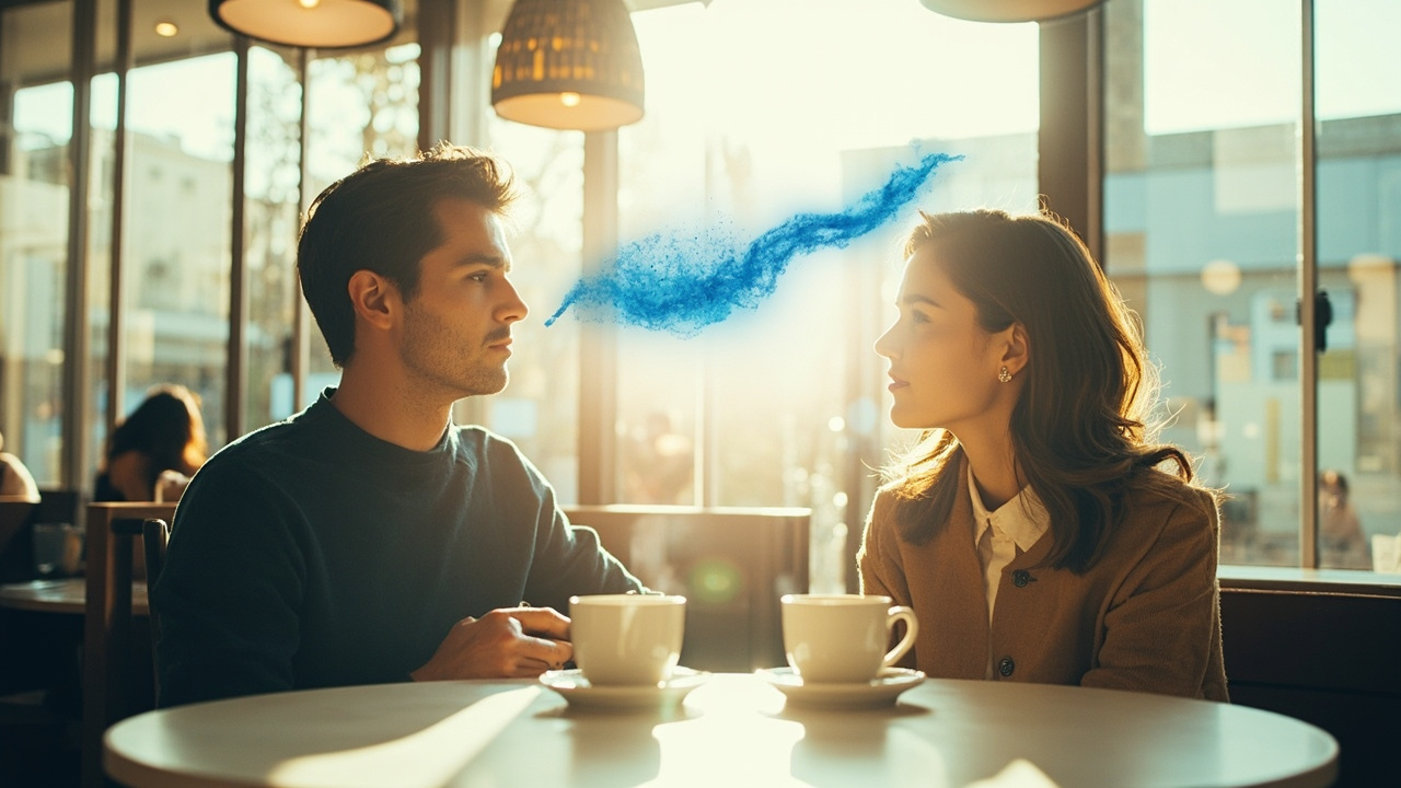 Two people sitting across from each other in a bright, spacious café with tall windows, their gazes meeting above two coffee cups on the table; above their heads floats a delicate, hand-sketched watercolor line in indigo, symbolizing the invisible exchange of information between bodies — a subtle illustrative element woven into the realistic scene