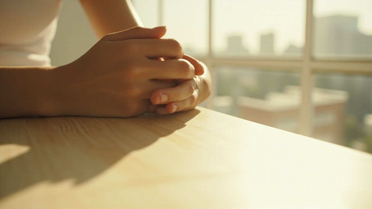 A woman's delicate hands resting on a light wooden table in a minimalist interior full of natural light, a blurred city view through a large window in the background — capturing a moment of listening inward, when the body begins to speak in its own voice