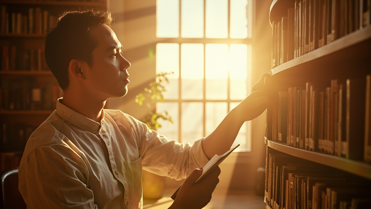 Ciepłe światło dzienne wypełnia przestronną bibliotekę z drewnianymi regałami; mężczyzna w lnianej koszuli, zanim otworzy książkę, patrzy w dal przez wysokie okno