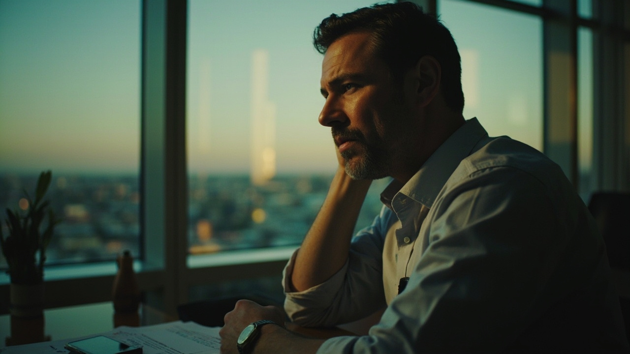 A man in a shirt by an office window at dusk, his hand instinctively touching the back of his neck, his phone lying face-down on the desk, clear tension visible between his brows