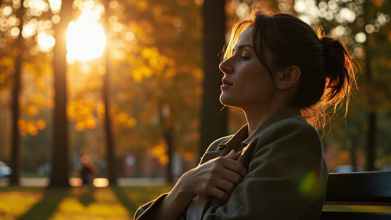 A woman on a park bench in late afternoon, eyes closed, one hand resting gently on her sternum, the other folded in her lap, warm autumn light filtering through the tree canopy around her