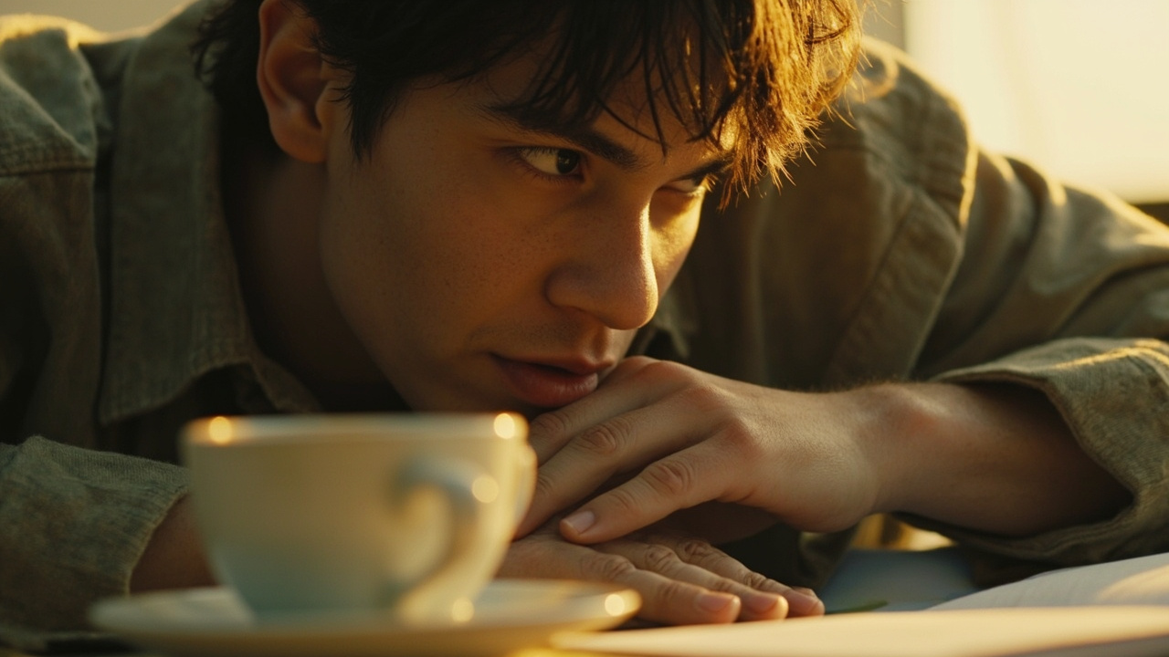 A close-up of a person's hands at a table in morning light — one hand resting on their chest, the other gently touching the corner of their mouth in a soft smile, a coffee cup and an open notebook on the table