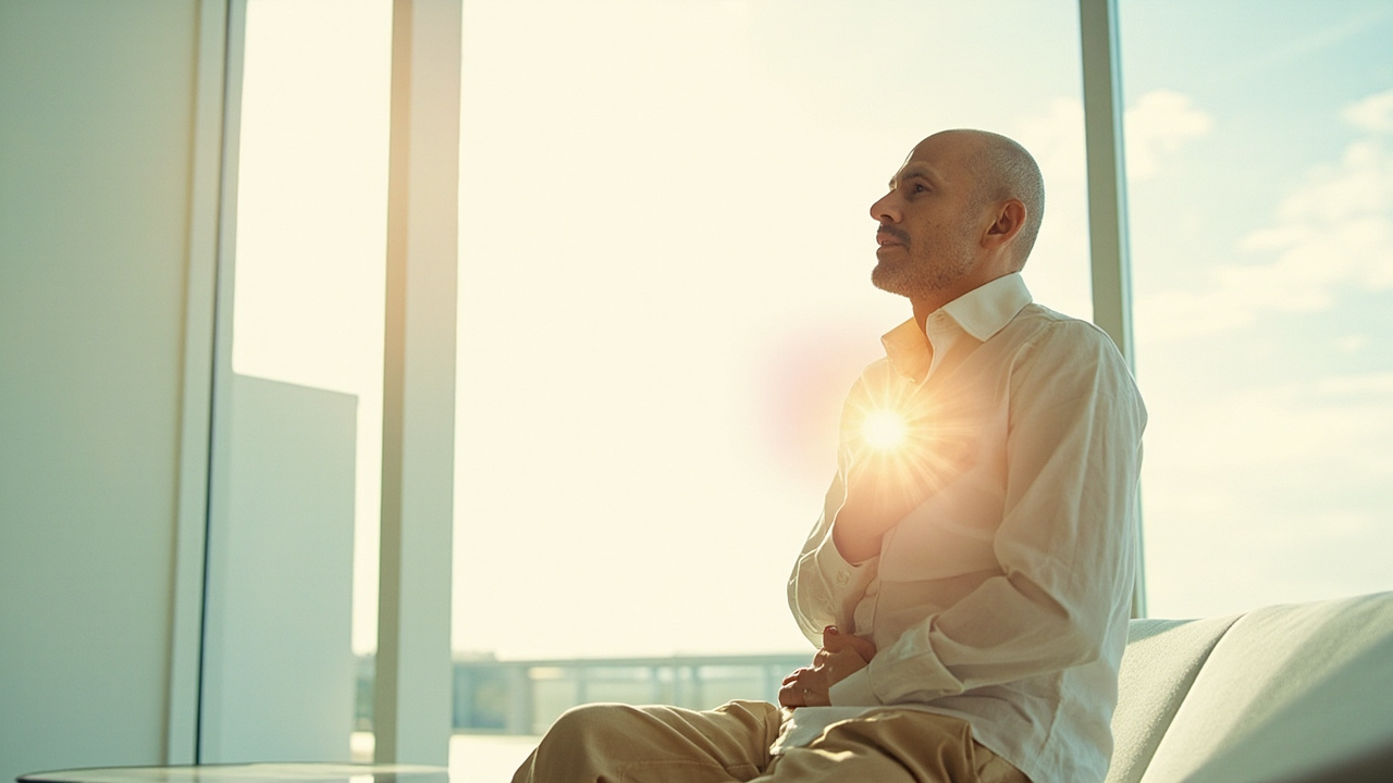 a person sitting by a large window in a bright, minimalist interior, one hand gently raised toward the chest; a soft watercolor-like glow hovering near the heart area emphasizes the breath