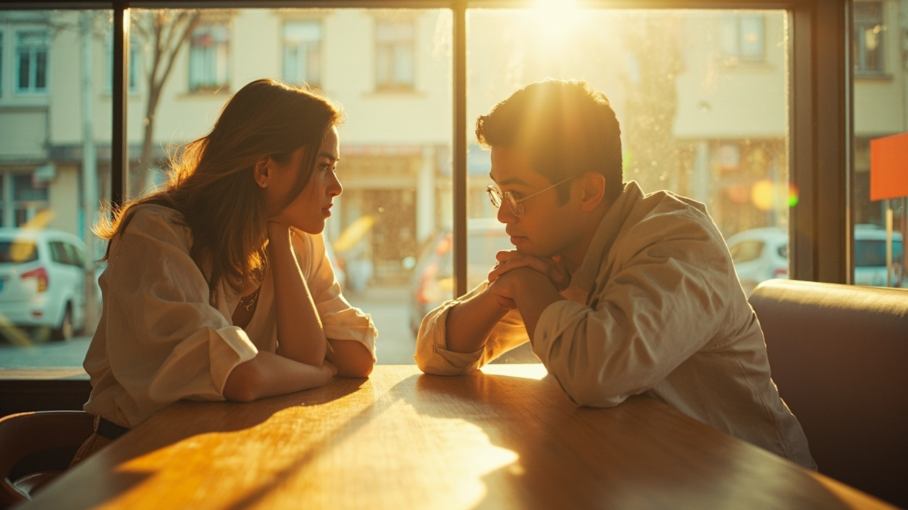 two people at a wooden table in a bright café — one leaning forward with an attentive gaze, the other with hands folded beneath their chin; warm afternoon light filtering through the window