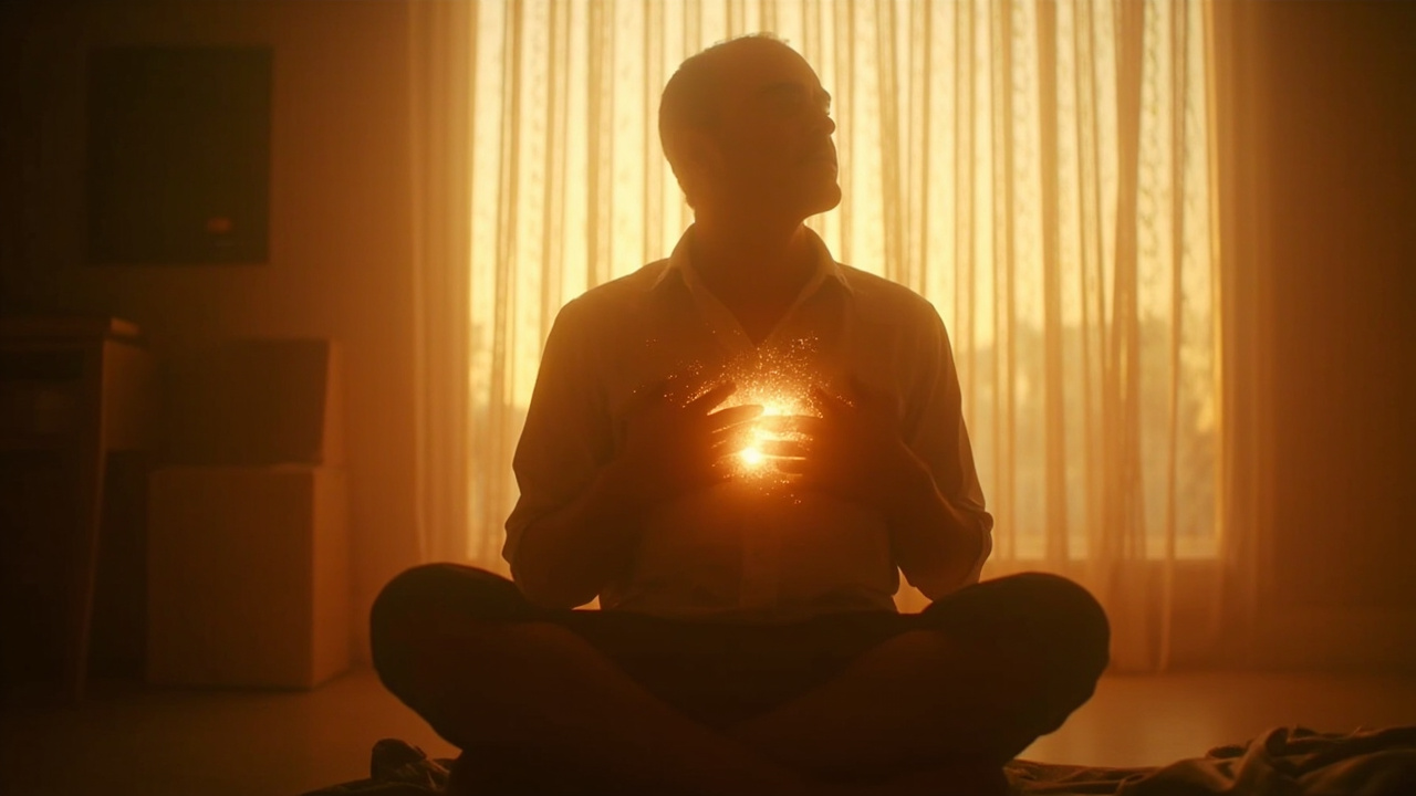 A calm silhouette of a middle-aged man sitting cross-legged in a bright, minimalist room bathed in soft morning light; his hands rest on his chest, eyes gently closed; a subtle, warm glow surrounds the heart area, suggesting a focus on somatic signals