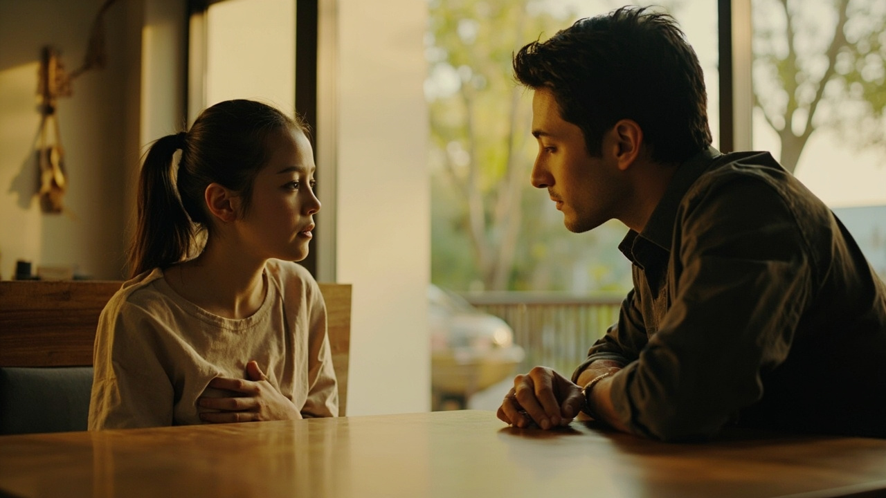 Two people sitting across from each other at a wooden table in natural afternoon light; one gently holds their stomach, the other watches with attentive empathy, a scene of communication and trust