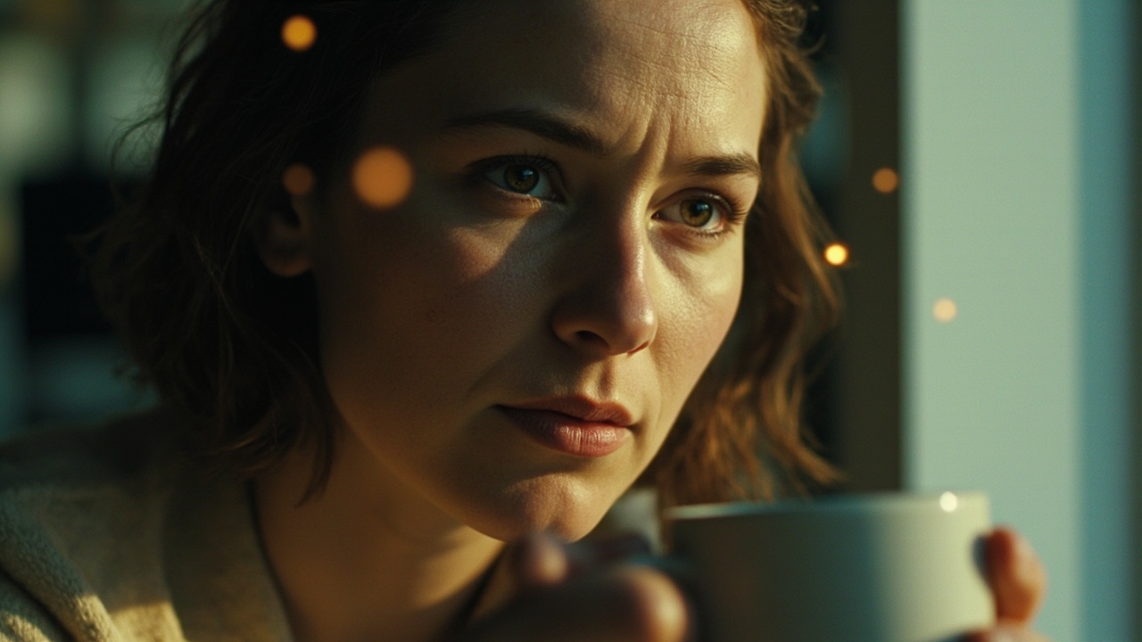 Close-up of a young woman's face sitting by an office window, holding a coffee cup in her hand, her expression revealing a subtle, hard-to-verbalize unease; delicate, luminous specks of warm light float around her silhouette toward her temples and ears, symbolizing incoming somatic signals from the senses