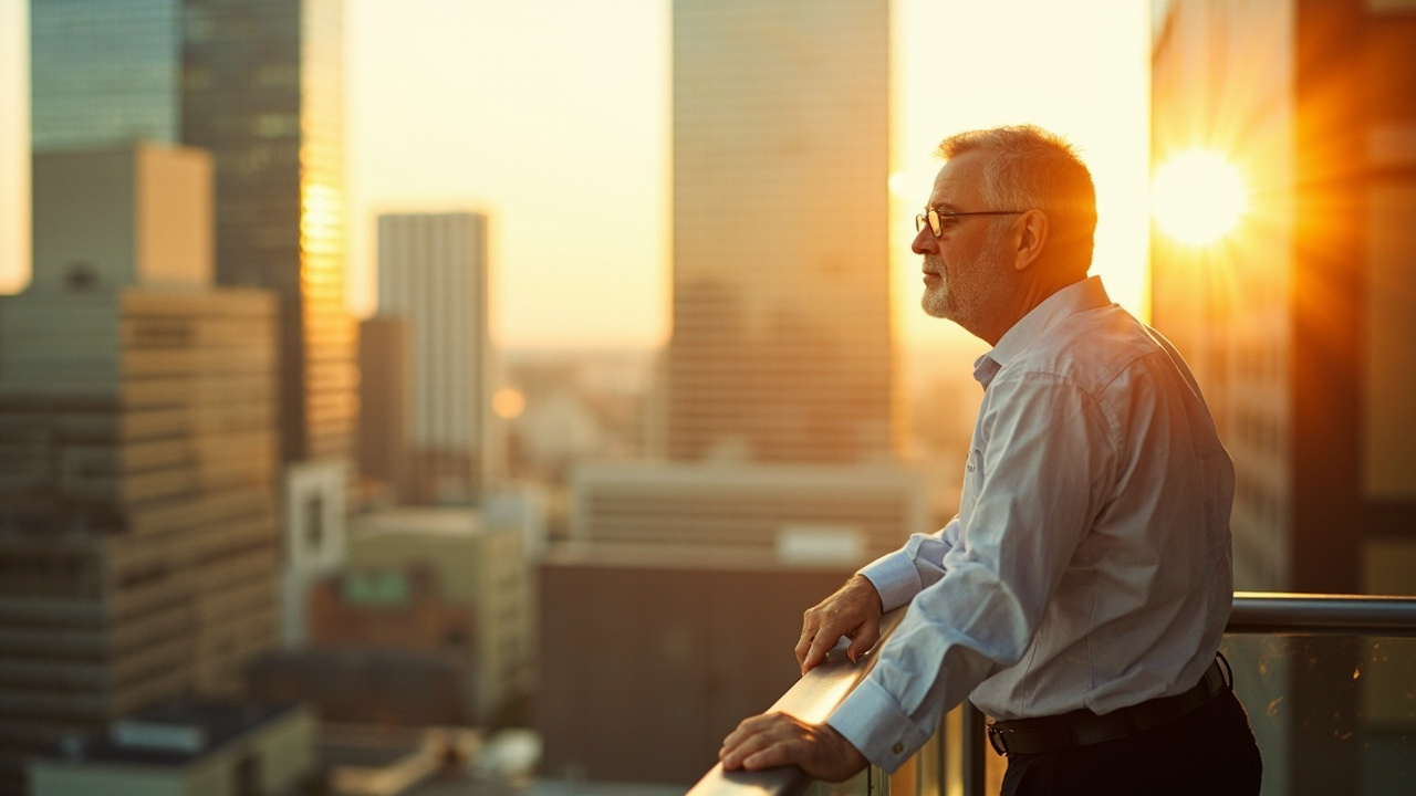 homem de meia-idade de pé no terraço de um edifício de escritórios moderno ao pôr do sol, olha para a cidade, apoia uma mão numa varanda metálica, arranha-céus desfocados em fundo banhados em luz dourada