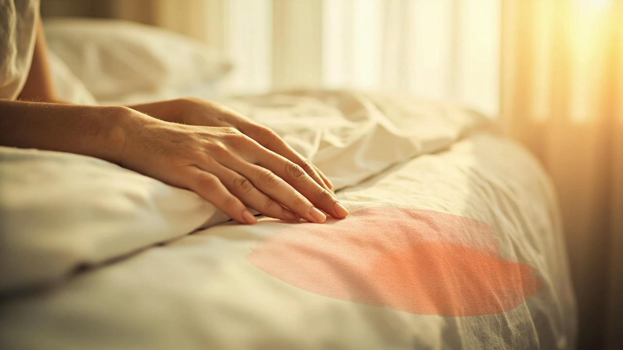 primer plano de una mano descansando sobre el pecho, suave luz matinal filtrándose entre las cortinas, en el borde de la cama una delicada pincelada a la acuarela en color cálido — acento pintado que transmite una sensación de sosiego